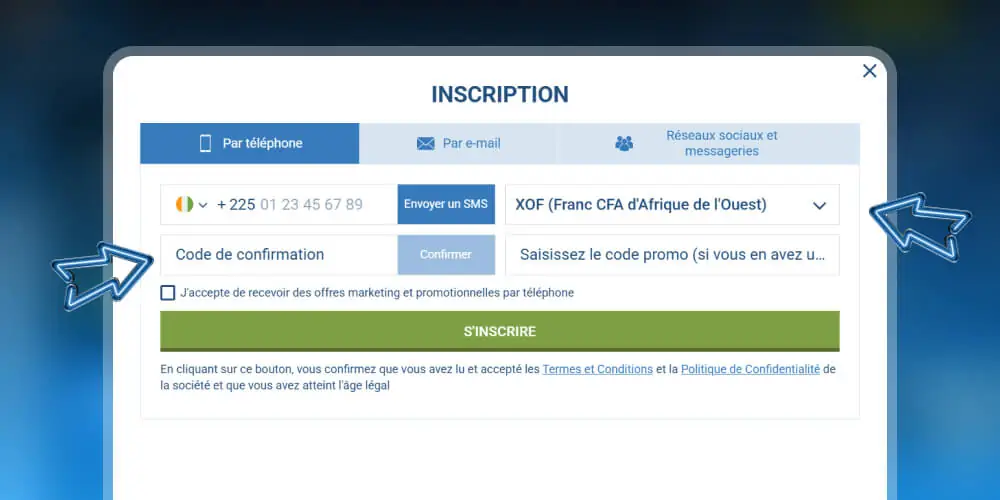 Complétez votre inscription sur 1xBet Côte d'Ivoire