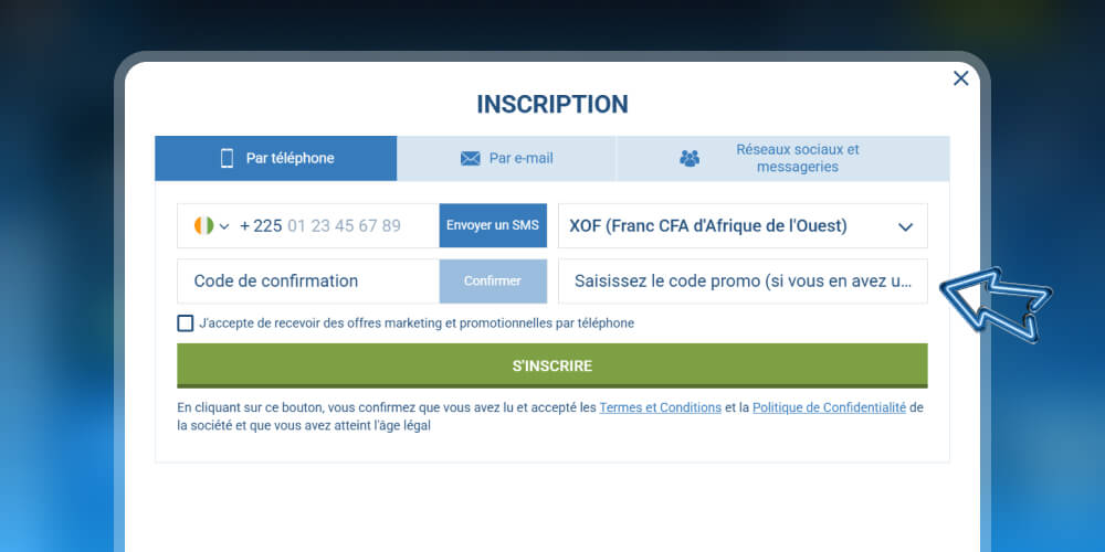 Entrez le code promo 1xBet